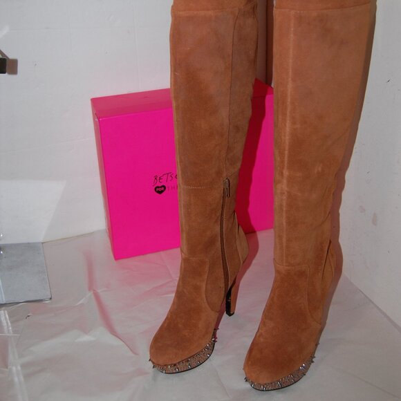 7.5❤️Betsey Johnson Suede Oiled Leather Over the Knee High Heels Platform BOOTS - Picture 5 of 12